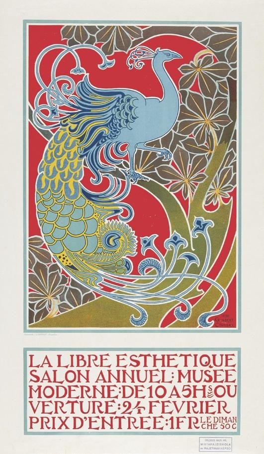 Gisbert Combaz: La Libre Esthétique, 1898, litográfia, 73,7 × 43,4 cm, ny.: Chromolith. J. L. Goffart Bruxelles, MKE A századforduló belga szimbolizmusból kinövő, progresszív művészcsoportja, a La Libre Esthétique brüsszeli kiállításain nagy hangsúlyt kaptak az iparművészet kortárs remekei is. Combaz, a csoportot szervező Octave Maus közeli barátja orientalista tudós volt. Komoly gyűjteménnyel rendelkezett és többek közt a kínai sárkányábrázolásokról jelentetett meg szakkönyvet. Az élénk színek, arabeszkek, stilizált páva motívum és a teljes felületkitöltésre való törekvés Combaz plakátján egyértelműen a keleti művészet hatását mutatják.