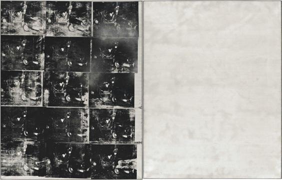 Andy Warhol: Silver Car Crash (Double Disaster) Ezüst autóbaleset (Kettős szerencsétlenség), 1963, festék spray, szitanyomat, vászon, 267.4 × 417.1 cm. Sotheby’s New York, Contemporary Art Evening Sale, 2013. november 13. Leütési ár: 105 445 000 USD