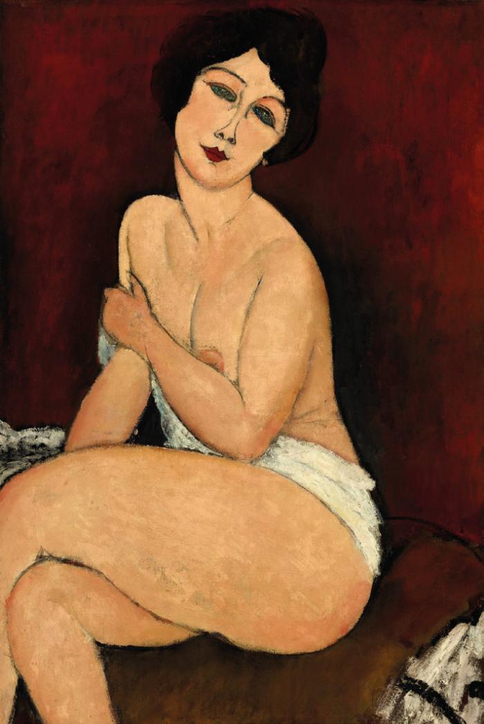 Amedeo Modigliani: Nu assis sur un divan (Ülő akt díványon), 1917, olaj, vászon, 100 x 65 cm, Sotheby’s New York, 2010. november 2., Impressionist and Modern Art Evening Sale, 7. tétel, leütési ár: 68 962 500 USD © Sotheby’s New York hozzájárulásával