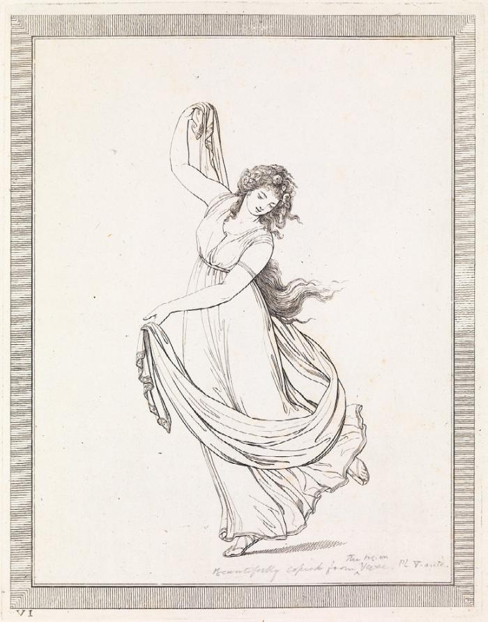 Frederick Rehberg (Thomas Piroli): Emma, Lady Hamilton klasszikus pózban, tánc közben a jobb lábán egyensúlyozva, 1794, metszet, National Maritime Museum, London © National Maritime Museum, London