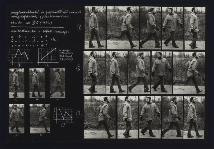Reverzibilis és felcserélhető mozgásfázisok, etűd no 5, 1972, fotók falapon, fehér ceruza, 100 x 100 cm, performer Gáyor Tibor © Maurer Dóra