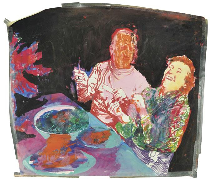 Sylvester Katalin: Étkezők, 1980-as évek, vegyes technika, 40 × 37 cm