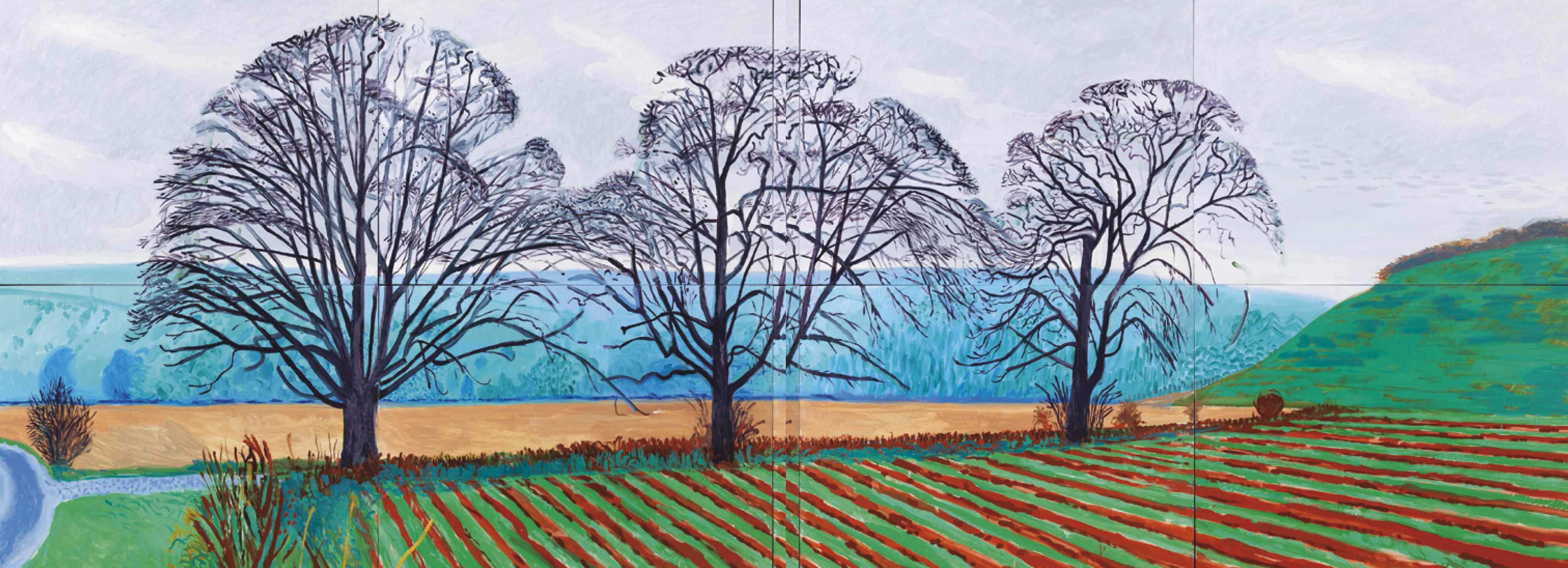 David Hockney: Három fa Thixendale közelében, 2007 tele, 2007, olaj, vászon, 8 tábla, egyenként: 91,44 × 121,92 cm, teljes kép: 183,52 x 489,59 cm © David Hockney © Fotó: Richard Schmidt