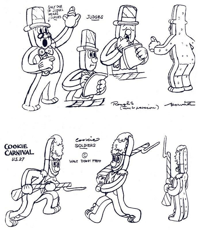 Walt Disney Bolondos szimfóniák című rajzfilmsorozatának egyik epizódjához, a Cookie Carnival- hoz készült figuratervek (Huszti Horváth Ferdinánd, 1935)
