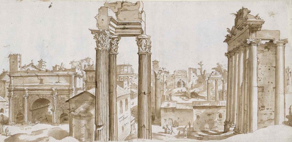 A Forum Romanum látképe, részlet, 1532–1536 körül, előkészítő rajz, fekete kréta, toll, barna tinta, barna és szürke tus / Forrás: Staatliche Museen zu Berlin, Kupferstichkabinett / Volker-H. Schneider